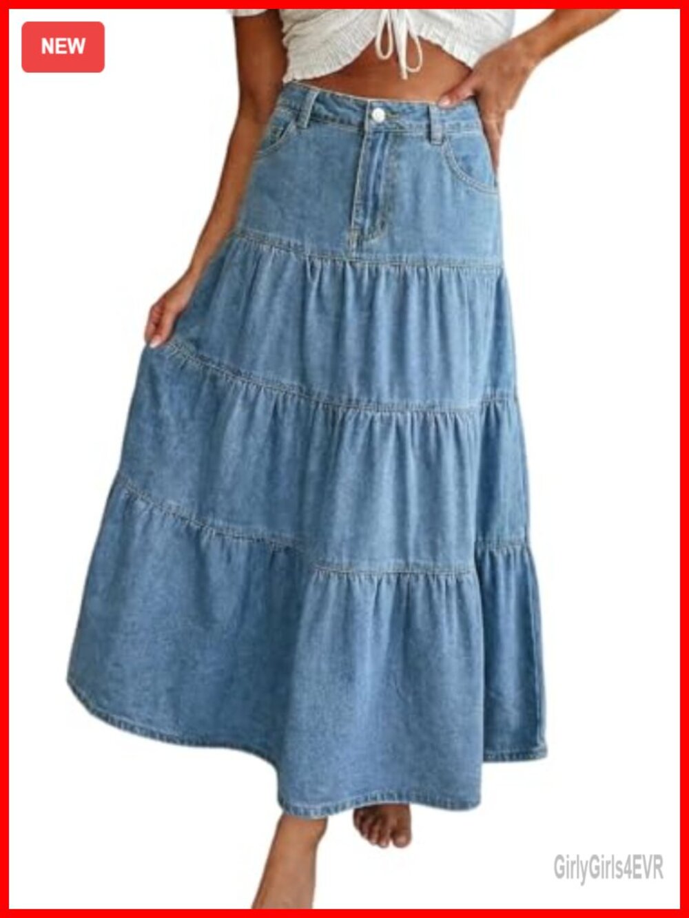 High Waist Tiered Ruffle Maxi Denim Skirt A-Line Flowy with Pockets